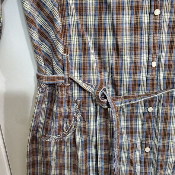 Cowgirl plaid shirt dress with Western-style embroidery and self-tie belt Size M - Picture 4 of 16